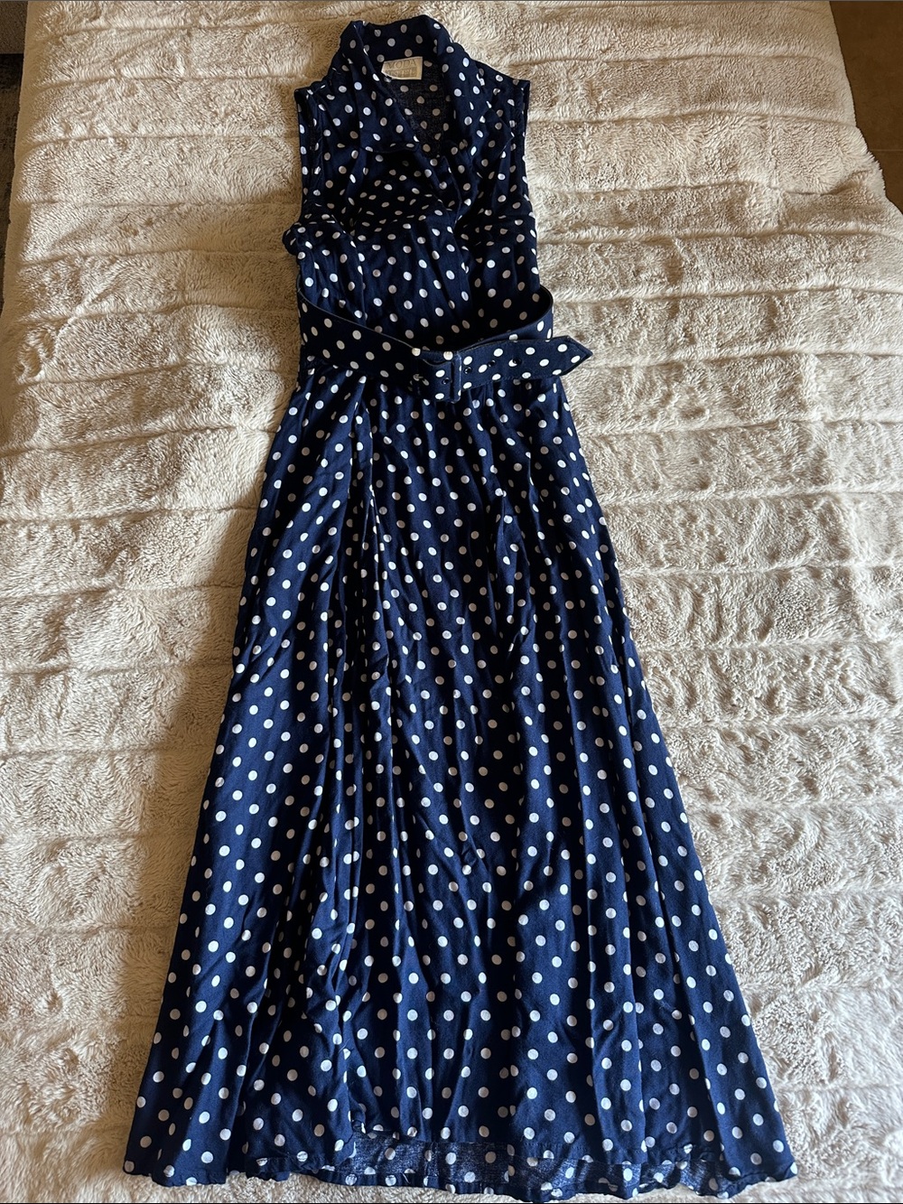 Moda International Navy and White Polka Dot Midi Dress with Belt